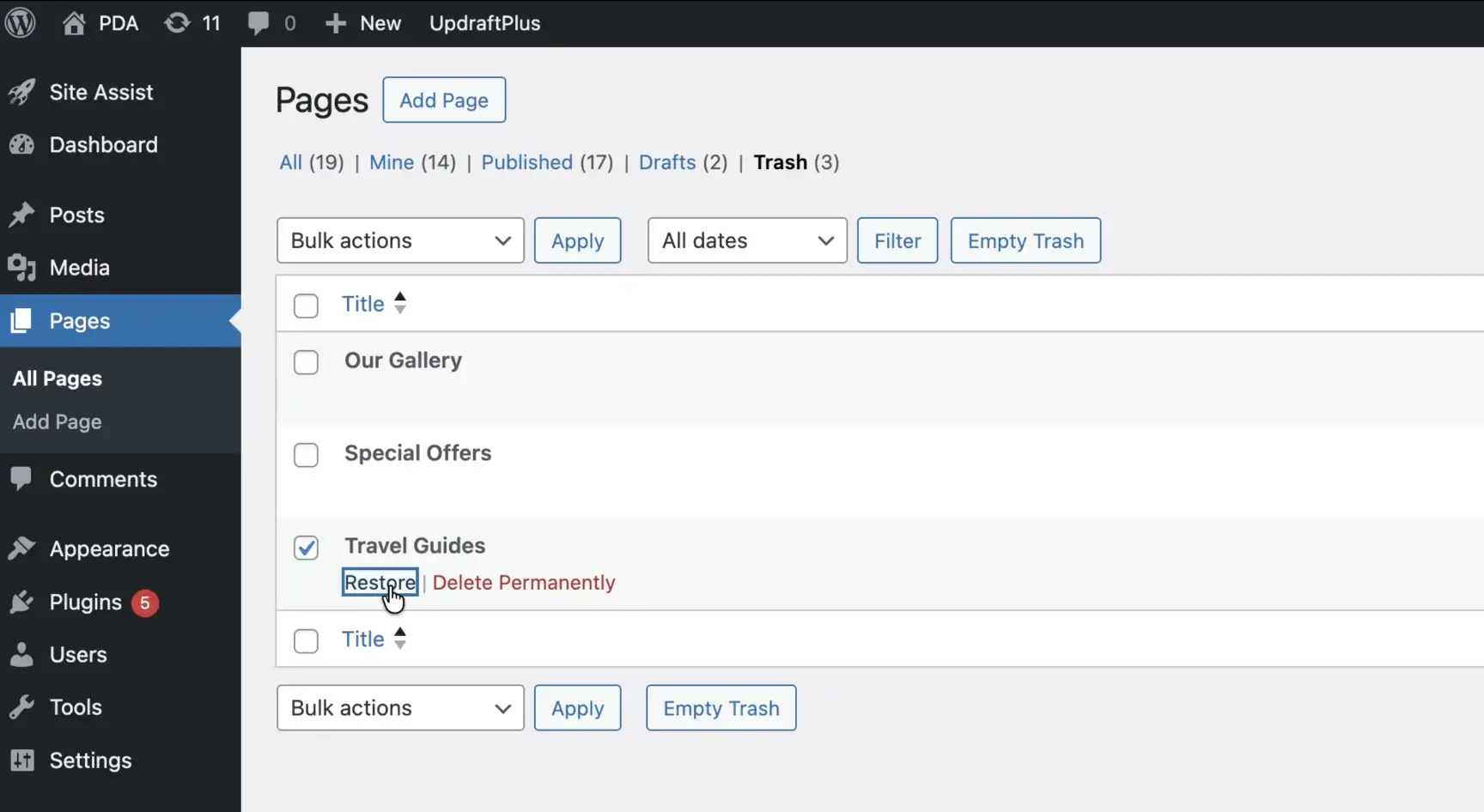 Recover a deleted page in WordPress - Trash tab showing deleted pages ready to restore